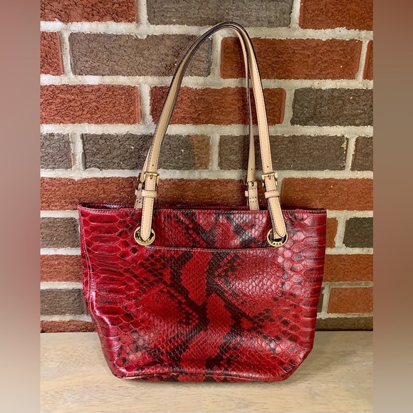 Michael Kors East West Burgundy Red Python Embossed Leather Shoulder Tote Purse - Picture 3 of 11